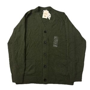Unisex Uniqlo Lambs Wool Olive Green Cardigan Button Sweater V Neck US M Medium